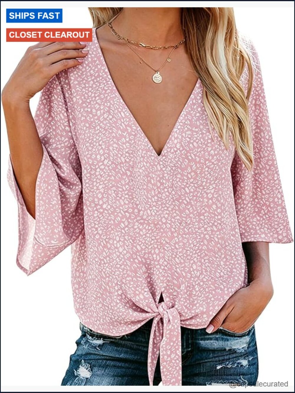 V Neck Tie Front Bell Sleeve Blouse Flowy Boho Summer Top - Picture 1 of 7